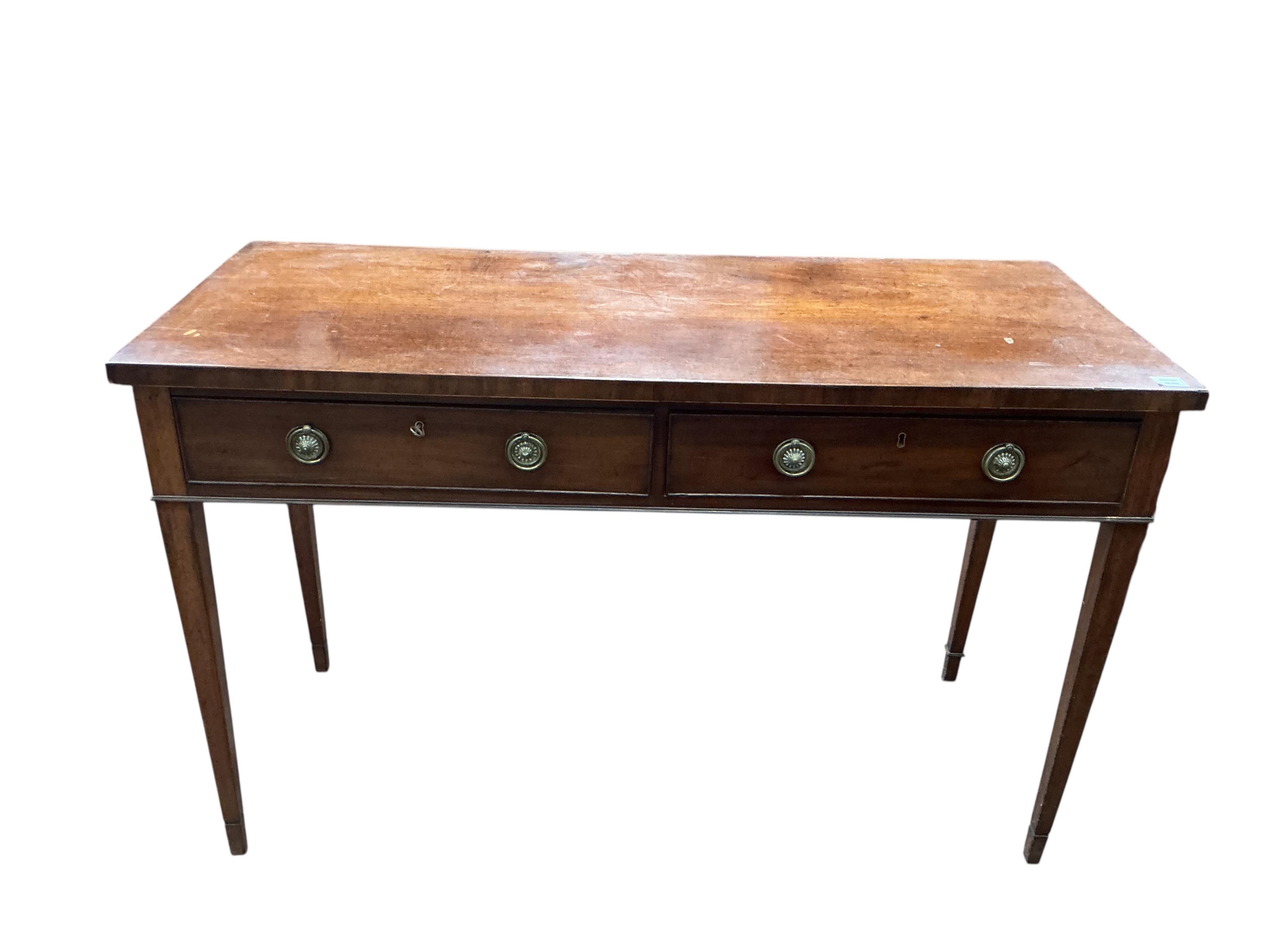 A George III mahogany two drawer serving table, width 141cm, depth 59cm, height 88cm